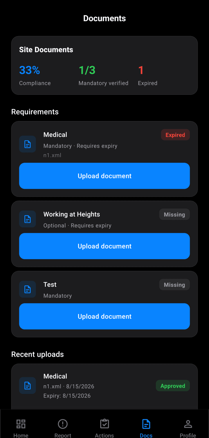 SheqPro mobile app site documents screen with compliance percentage, mandatory document requirements, and approval status