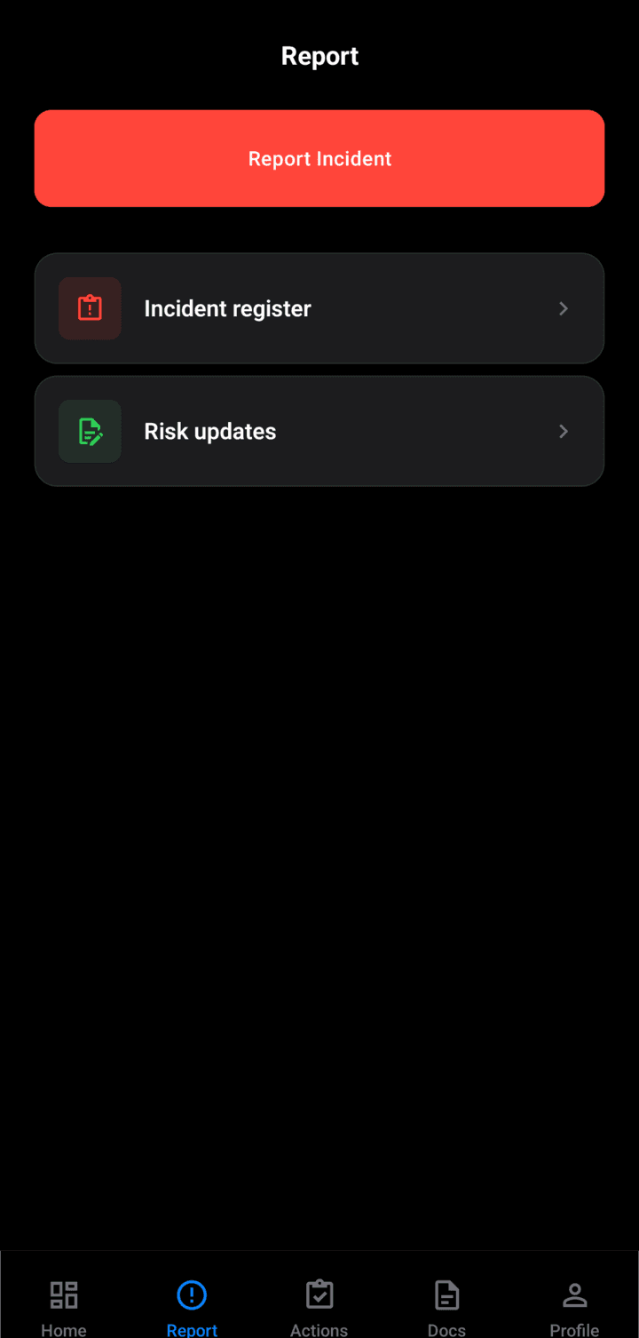 SheqPro mobile field reporting screen for logging incidents, near misses, and risk updates from the workplace
